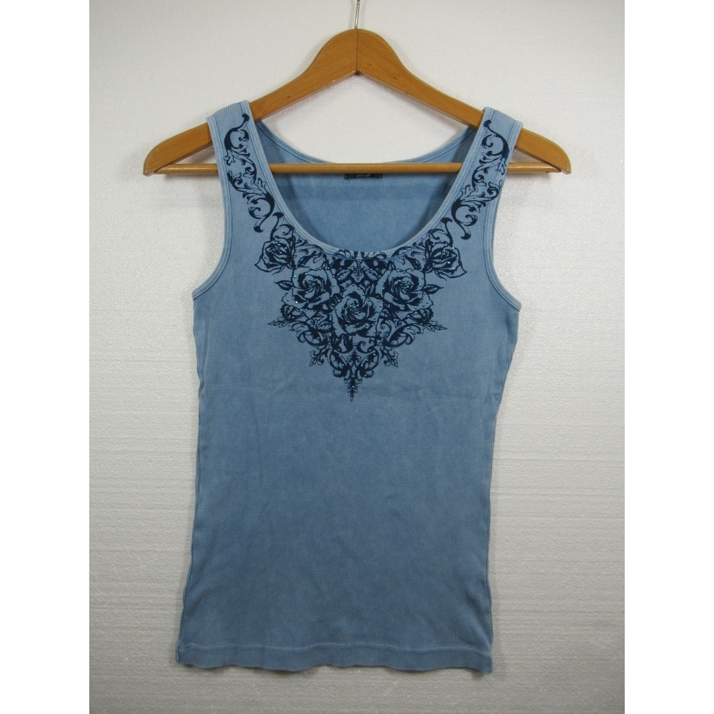 Vintage Y2K Energe World Wear Studded Ribbed Tank Top Women Large Blue Roses